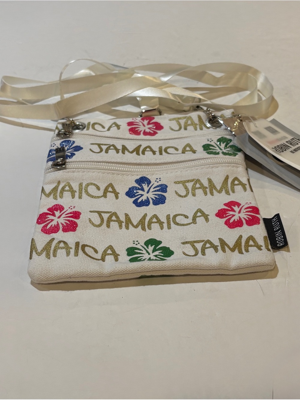 Robin Ruth White Jamaica Floral Crossbody Bag with Pink Blue and Green Hibiscus